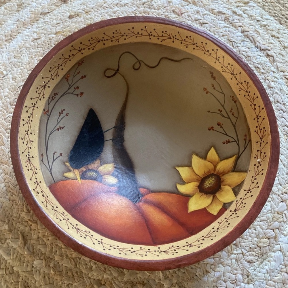 Vintage Hand Painted Wooden Bowl Autumn Harvest Sunflowers Pumpkin